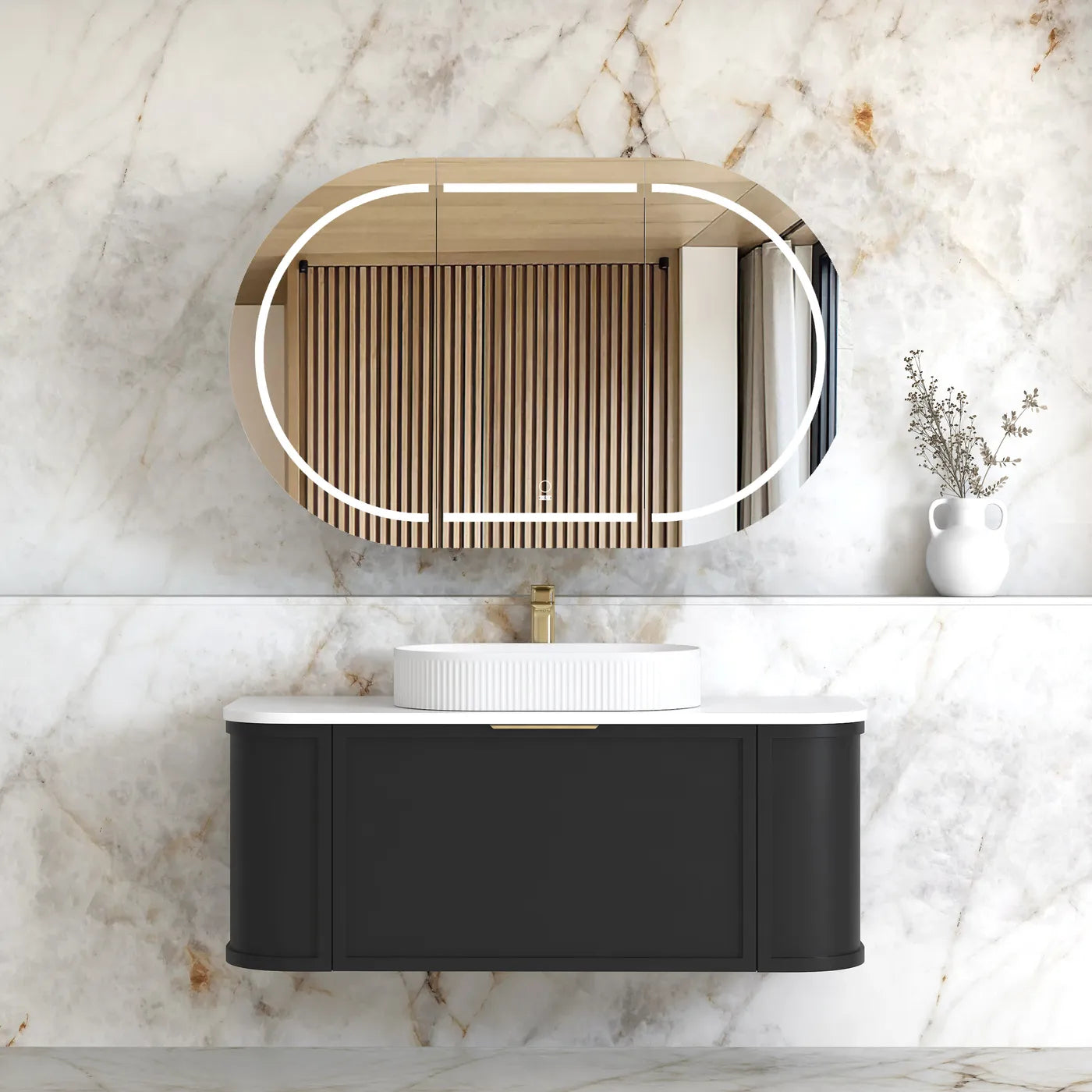 1200mm Satin Black Wall Hung Curve Vanity, Soft Close Doors and Drawers with optional colour Handles