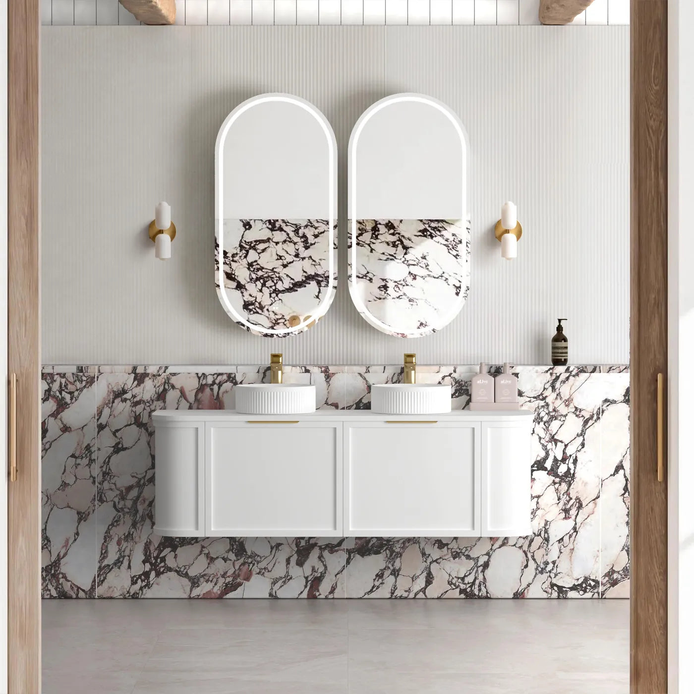 1500mm Satin White Double Basin Wall Hung Curve Vanity, Soft Close Doors and Drawers with optional colour Handles