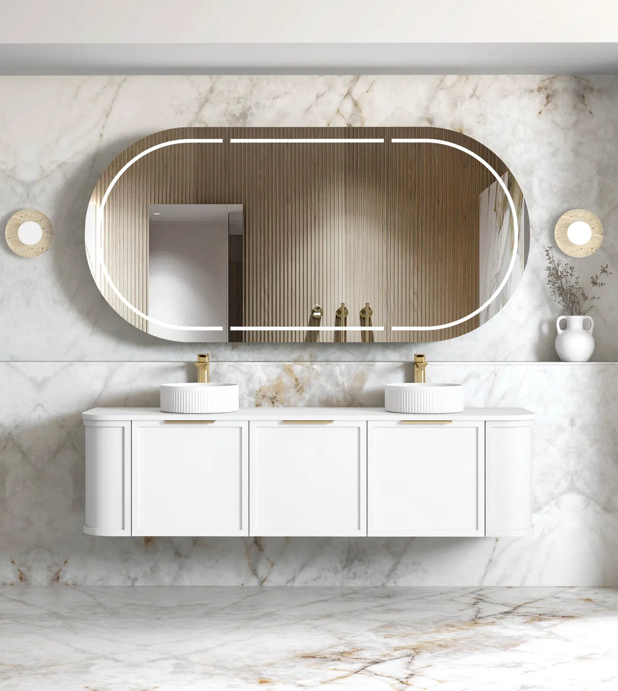 1800mm Satin White Double Basin Wall Hung Curve Vanity, Soft Close Doors and Drawers with optional colour Handles