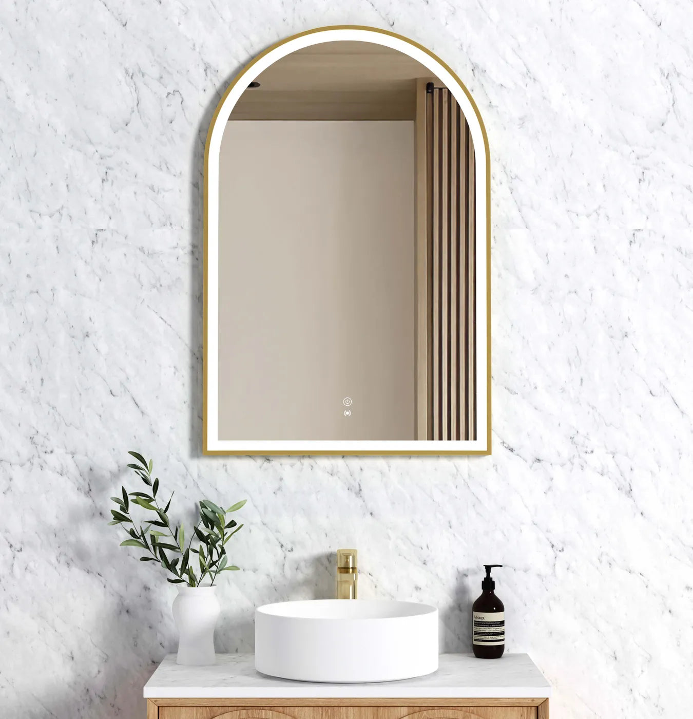 LED brushed brass framed archie bathroom mirror