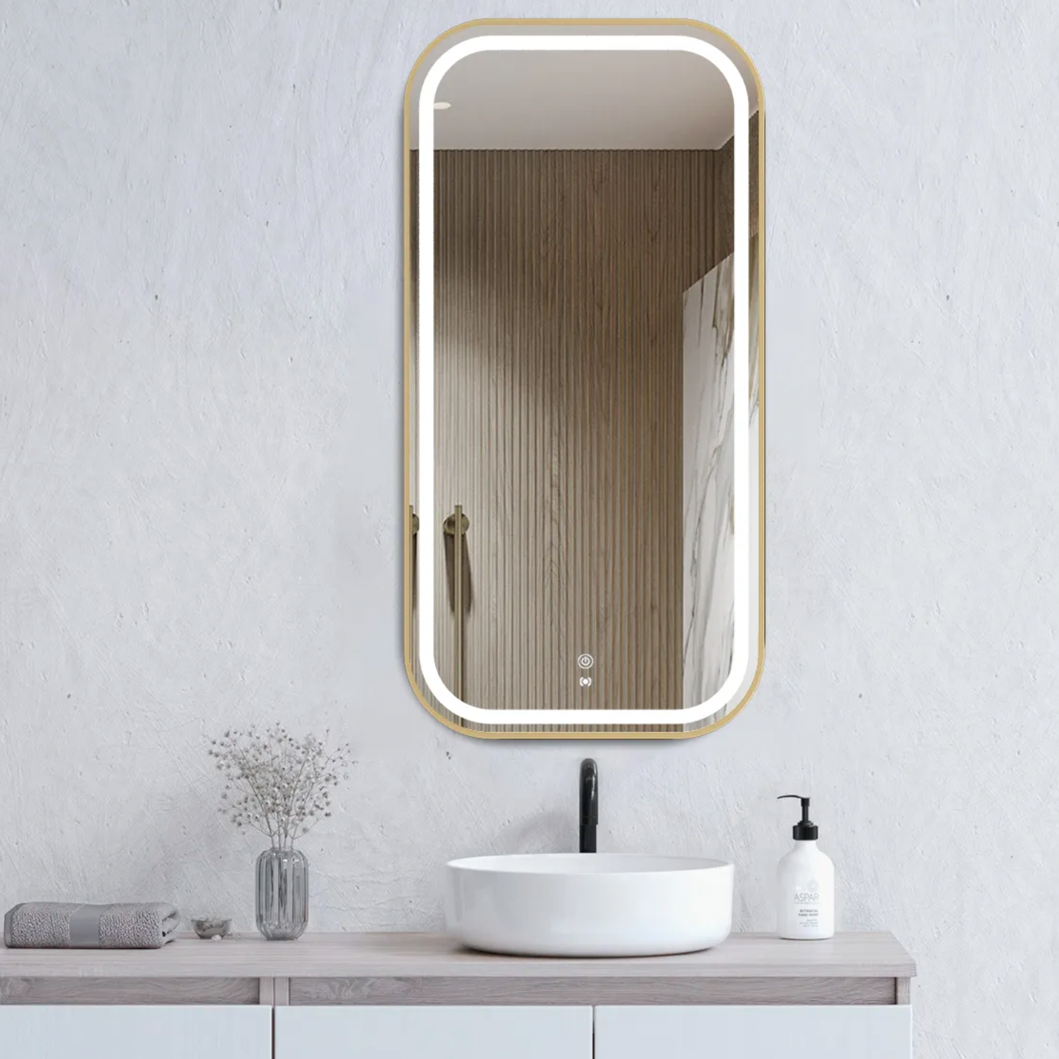 LED brushed gold touch sensor anti fog bathroom mirror