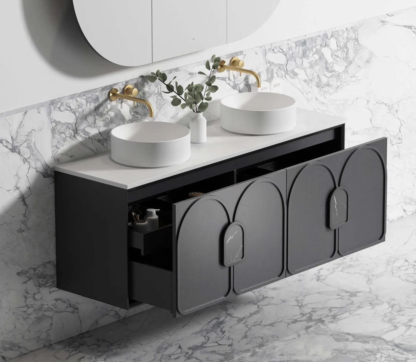 Matte Black Wall Hung Vanity 1500mm with Soft Closing Double Draws and Matching Handles