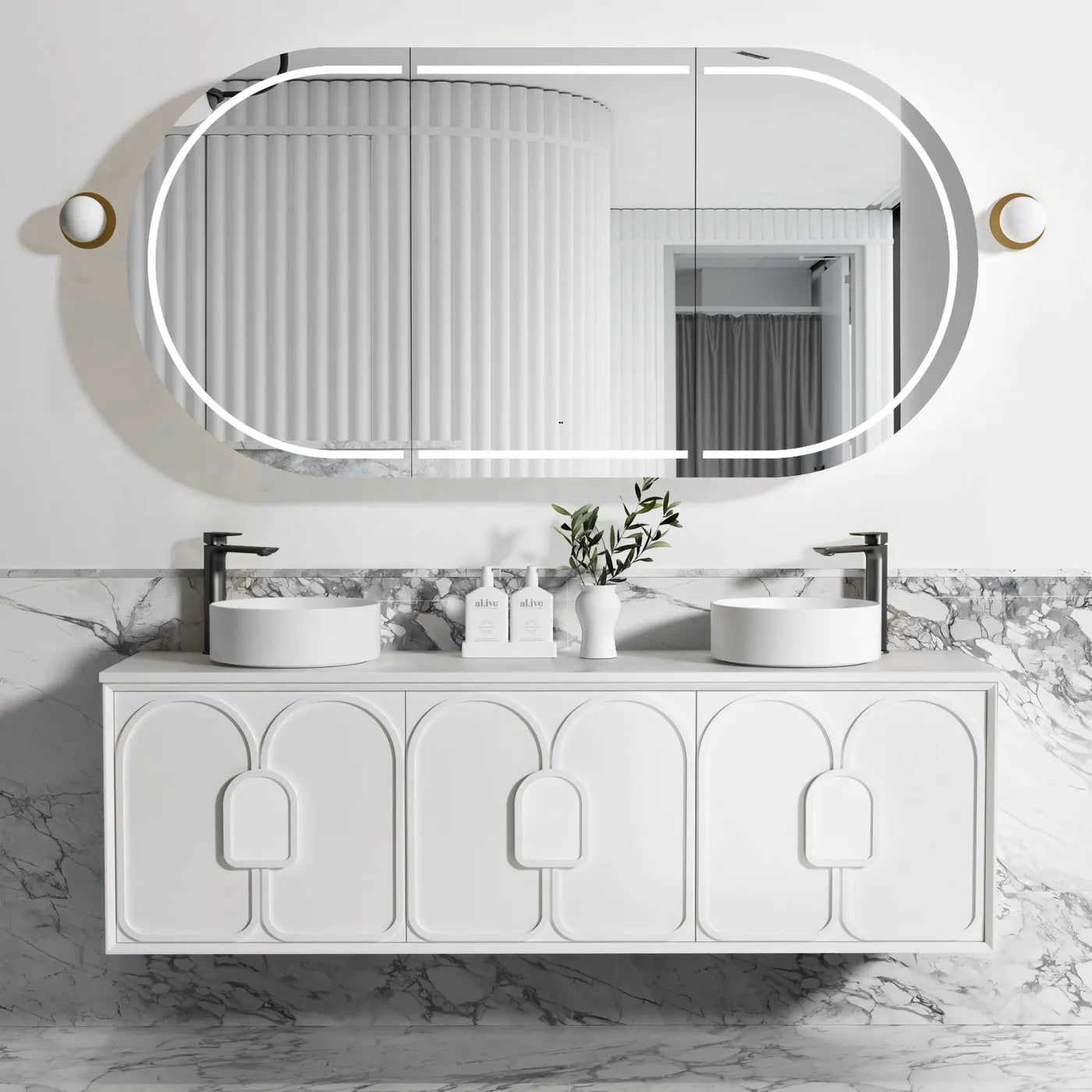 1800mm Satin White Wall Hung Vanity with Soft Close Drawers and Doors