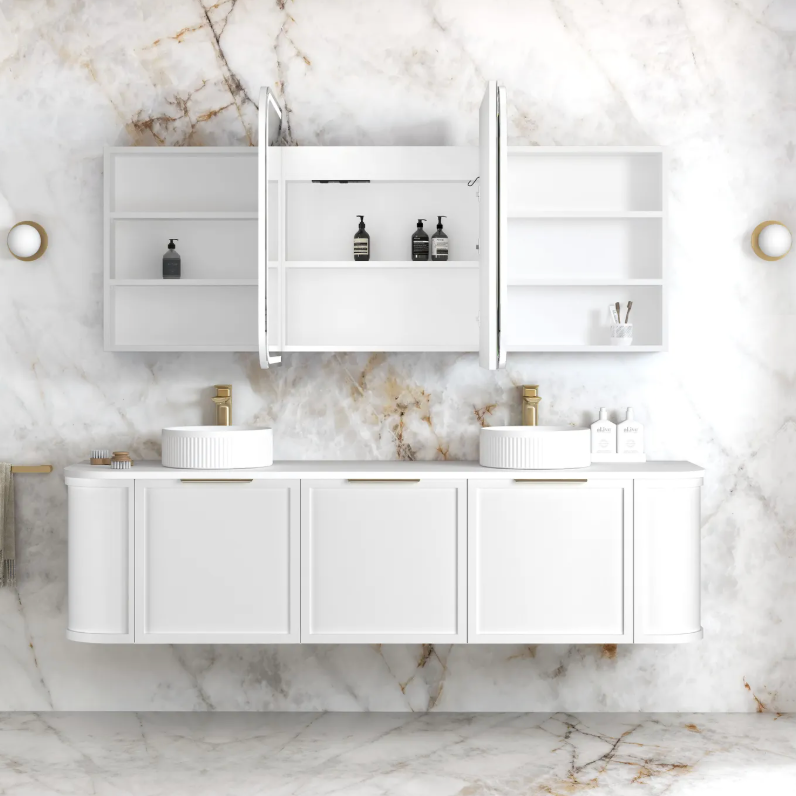 Wall hung 1800mm LED shaving mirror cabinet matte white