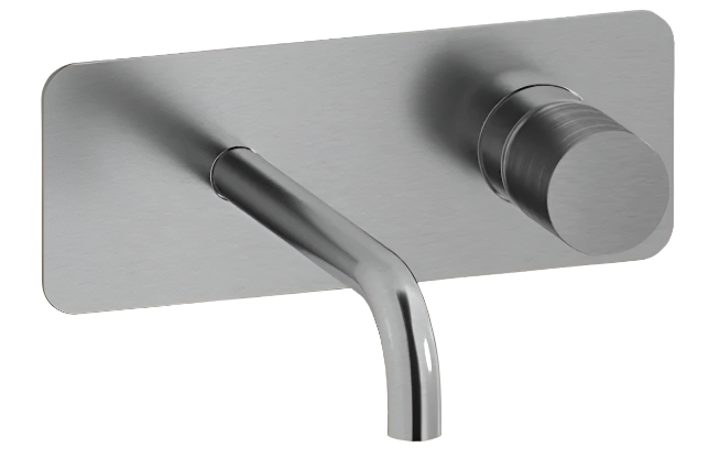 A set of two wall-mounted basin mixers with a brushed nickel finish and sleek flush lazer cut back plate.