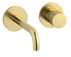 A set of two wall-mounted basin mixers with a brushed gold finish and separate back plates.
