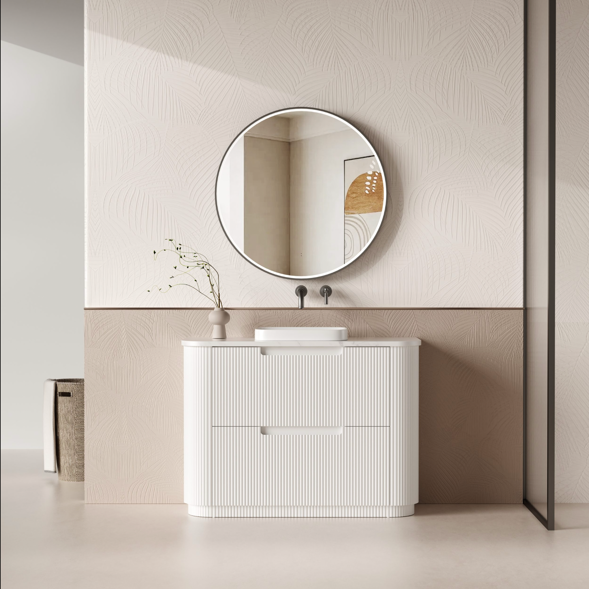 1200mm Curved v- groove double draw matte white floor standing vanity