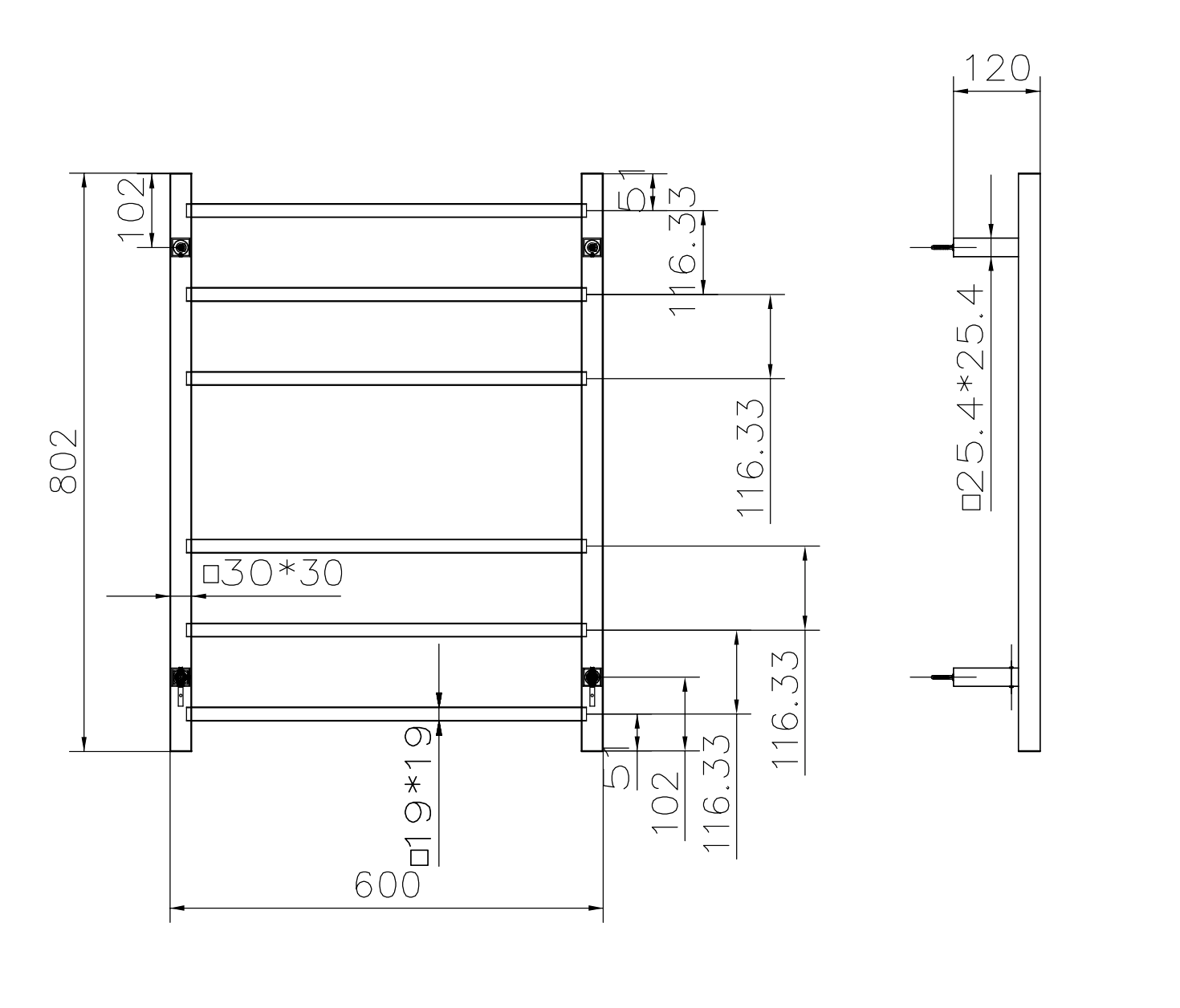 Linsol Spirit Square 6 Bar Heated Towel Rail Gunmetal 800x600mm