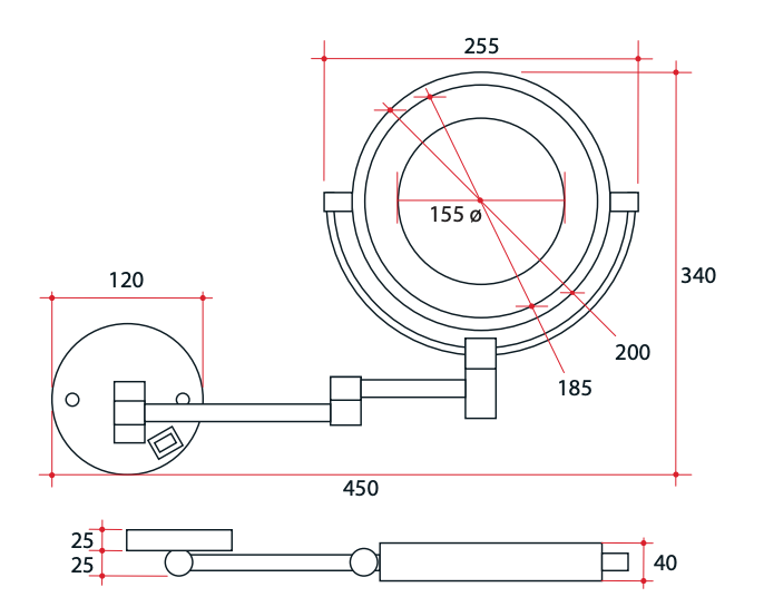 Thermogroup 1 & 5 x Magnification Matte Black Mirror With Light