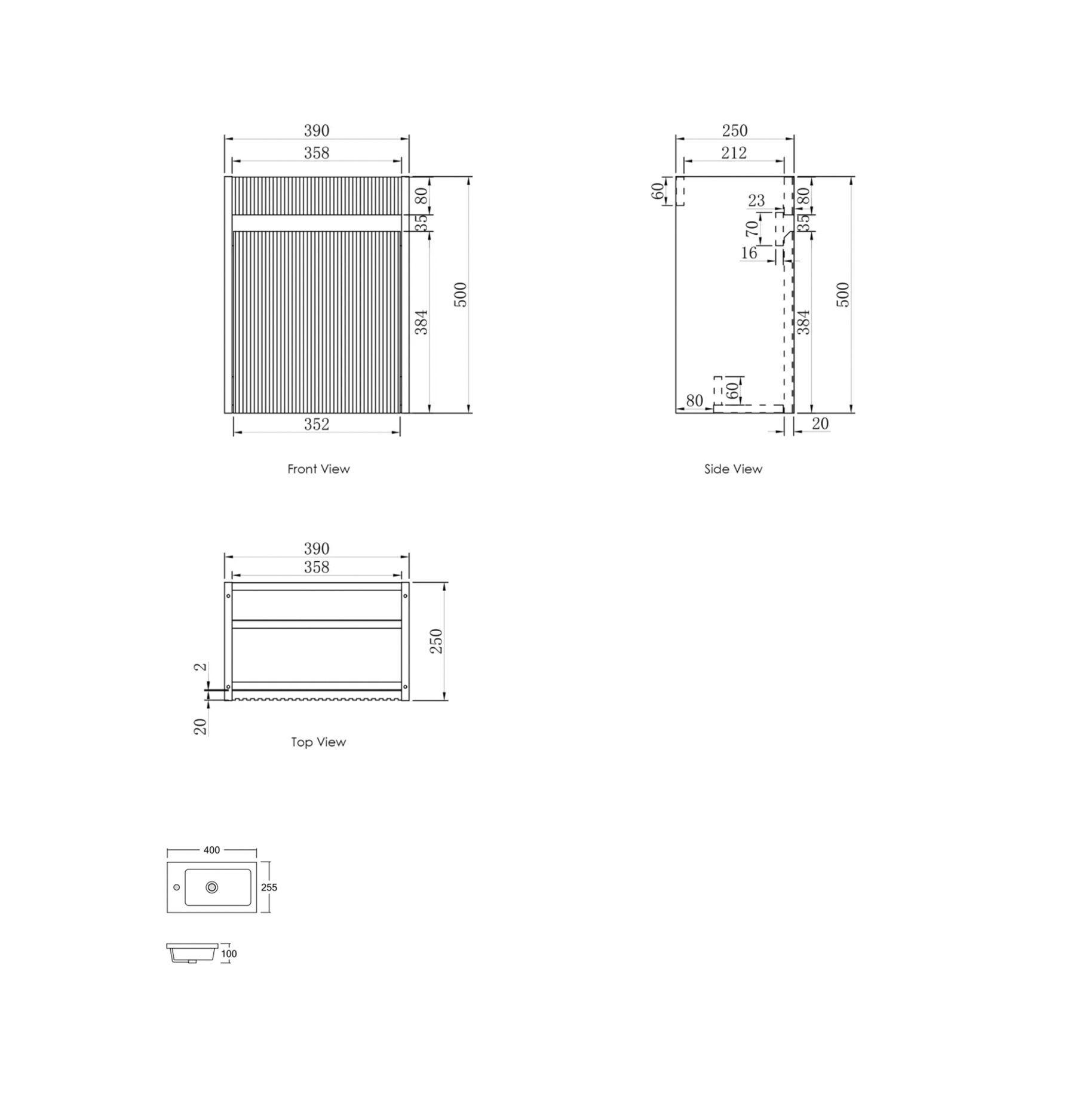 Otti Compact Ensuite 400 Fluted Matte White Wall Hung Vanity