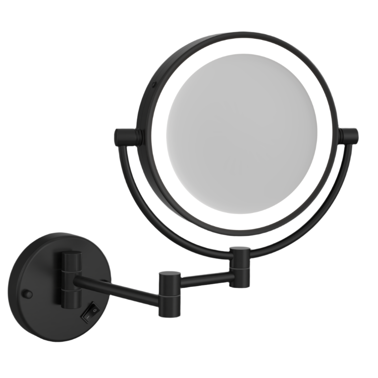 Round magnified makeup or shaving mirror with light matte black