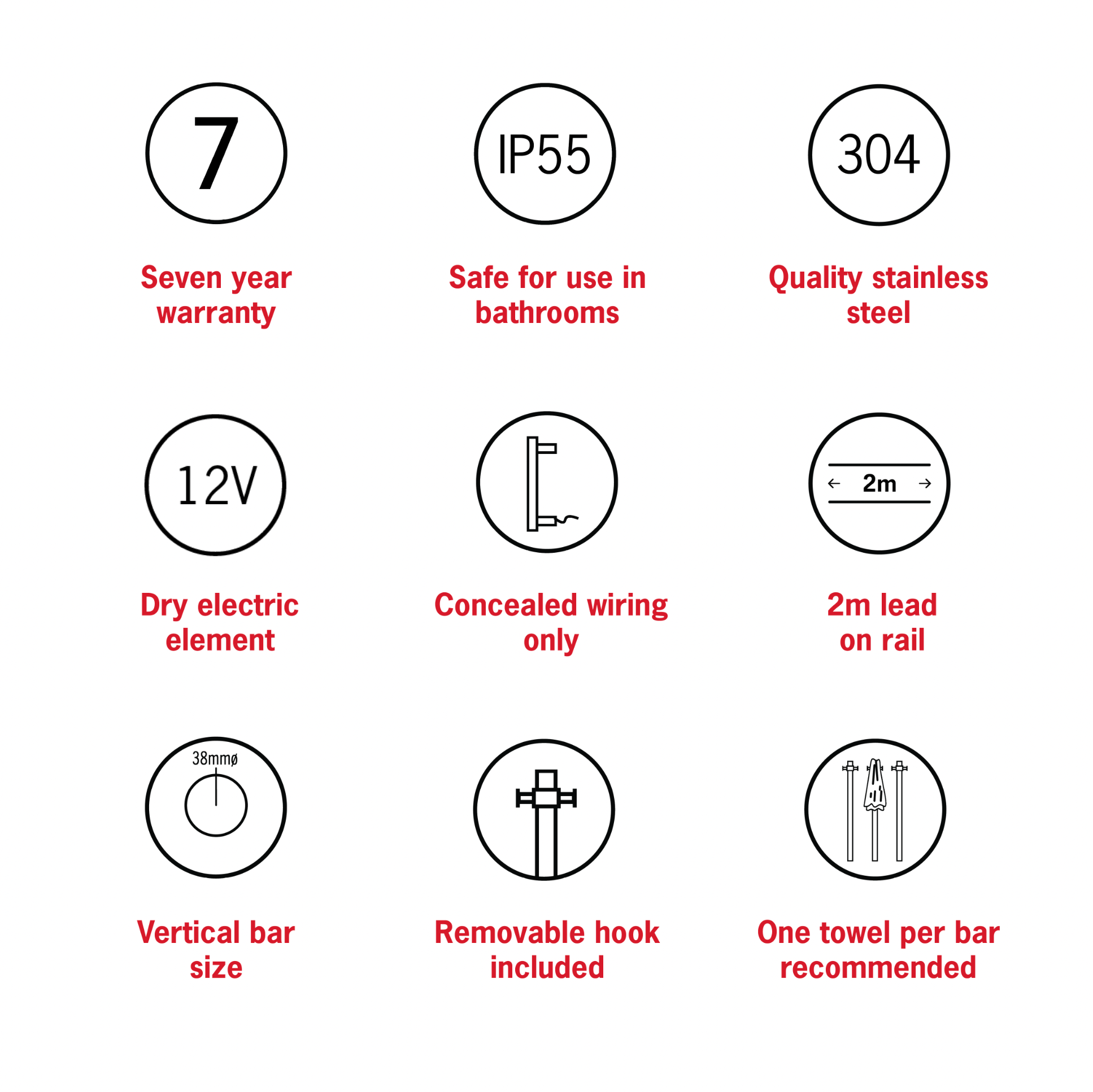 Thermogroup Straight Round Vertical Single Heated Towel Rail Satin White