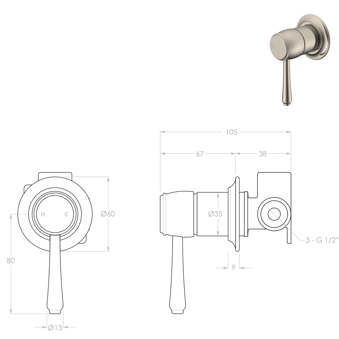 ADP Eternal Inwall Bath/shower Mixer Brushed Nickel