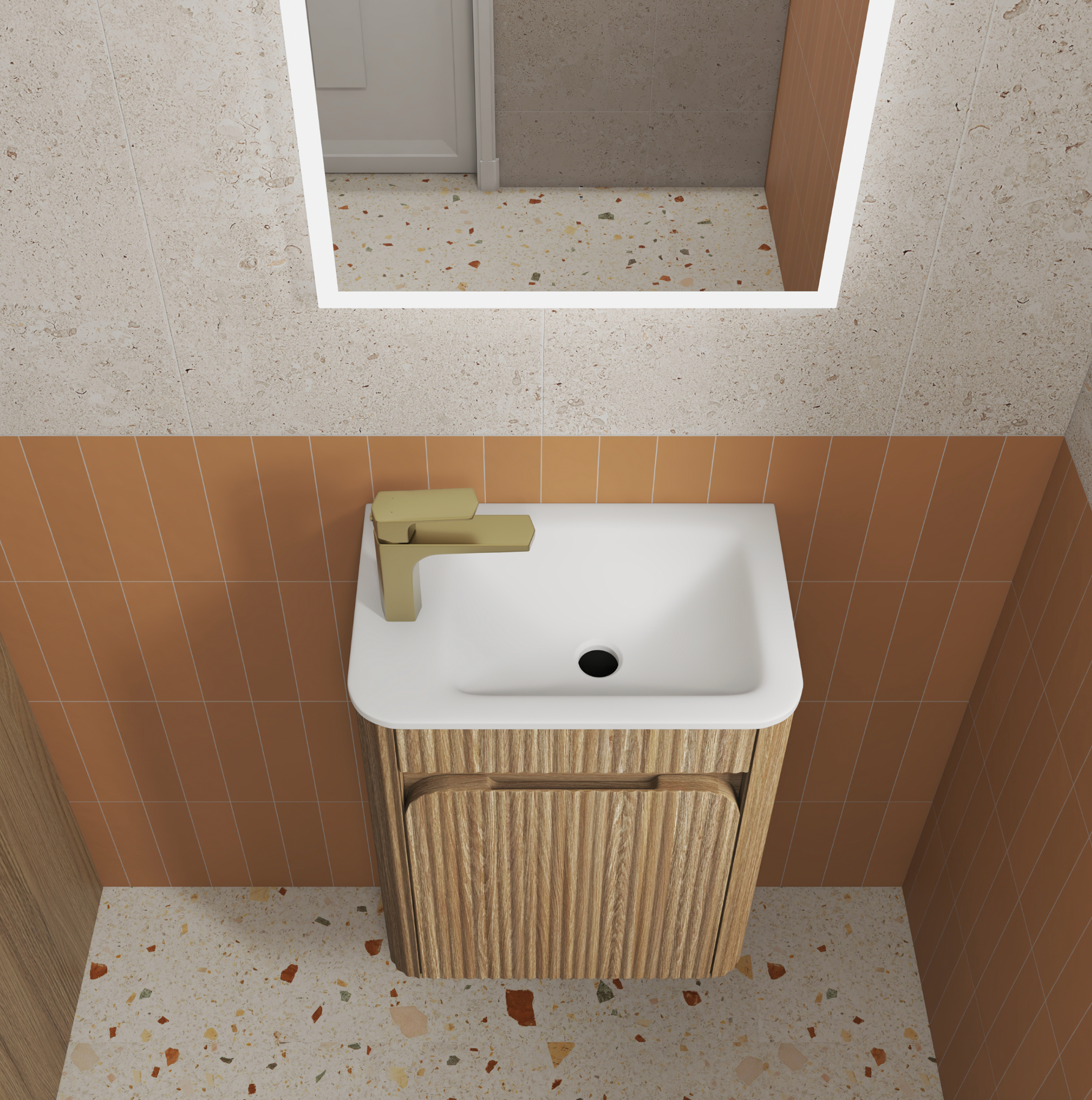 Aulic Mini Hartelle Single Door Fluted Harvest Oak compact Wall Hung Vanity