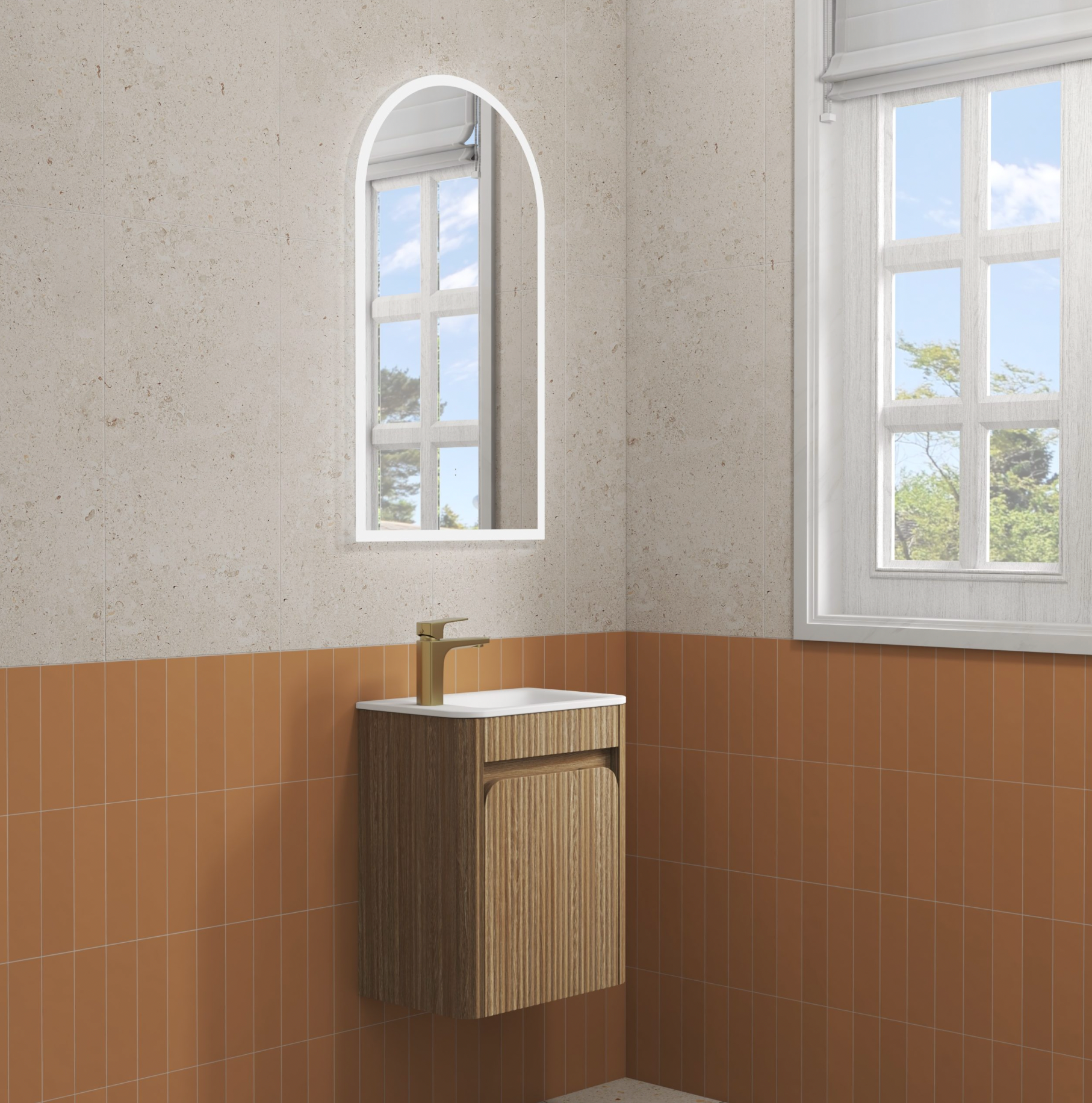 Aulic Mini Hartelle Single Door Fluted Harvest Oak compact Wall Hung Vanity