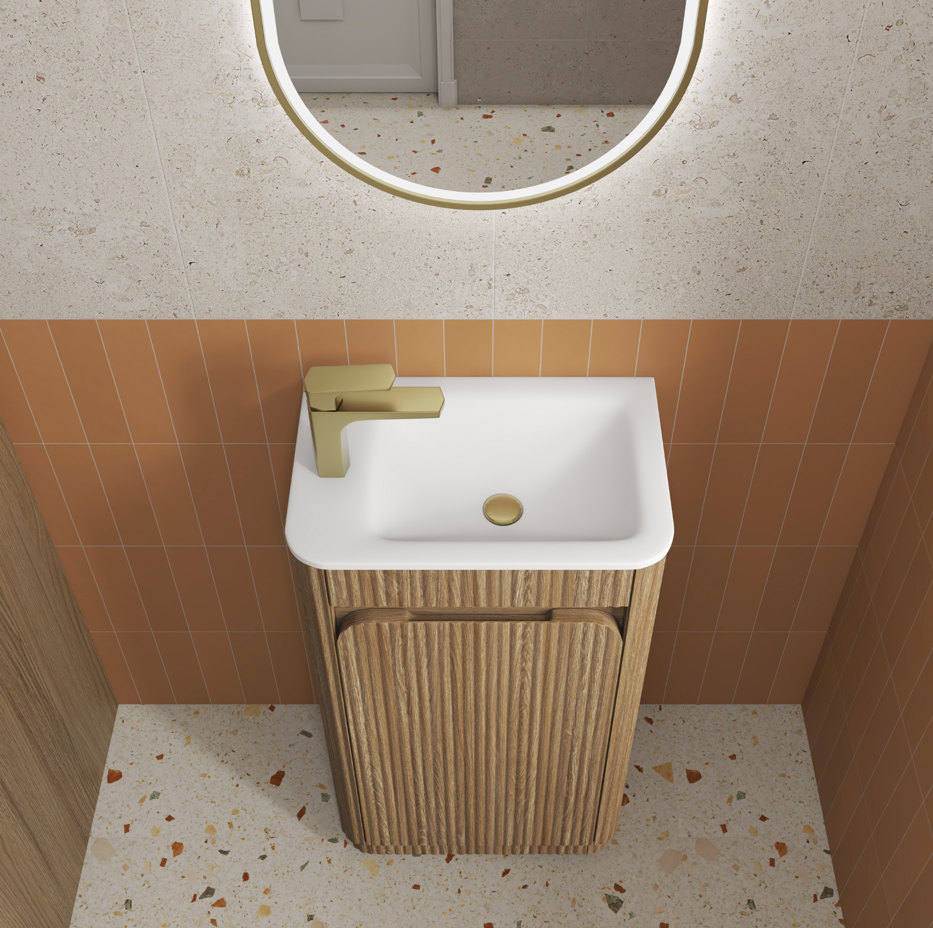 Aulic Mini Hartelle Single Door Fluted Harvest Oak compact Floor standing Vanity