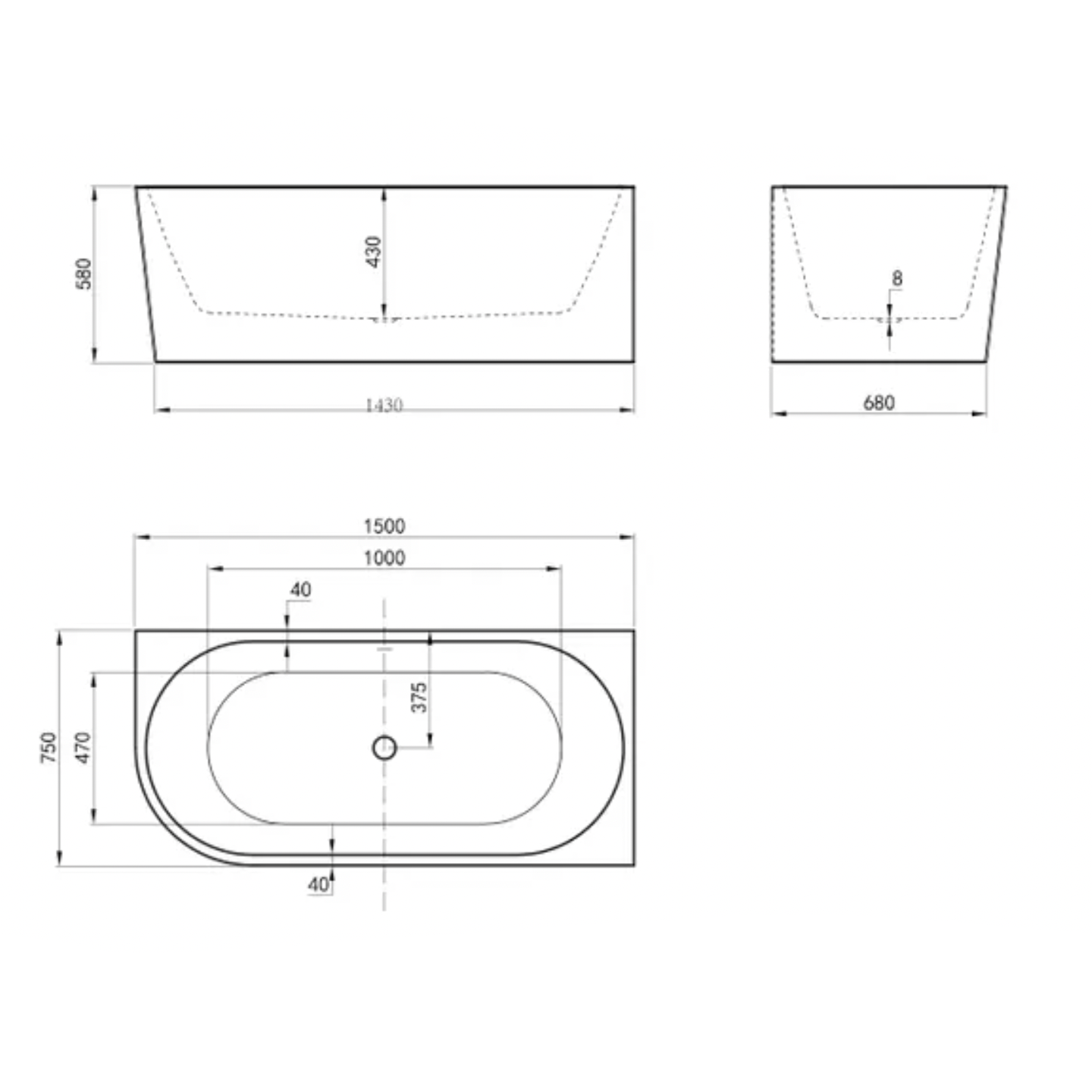 Technical drawing of a bathtub with dimensions