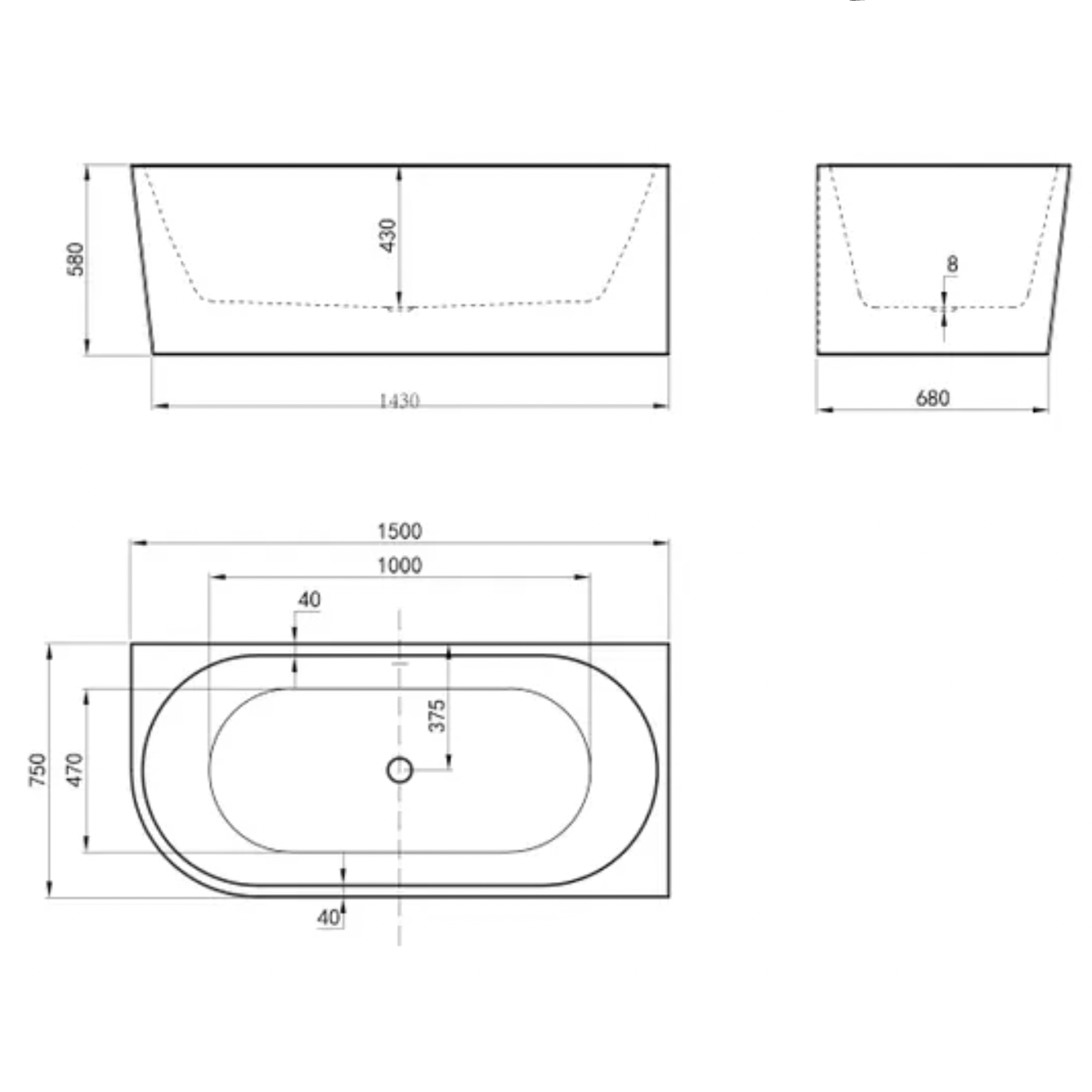 Technical drawing of a rectangular bathtub with dimensions