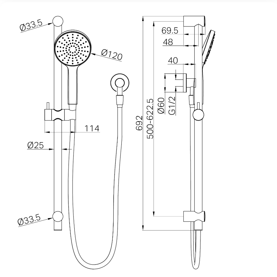 Technical drawing of a shower set with dimensions