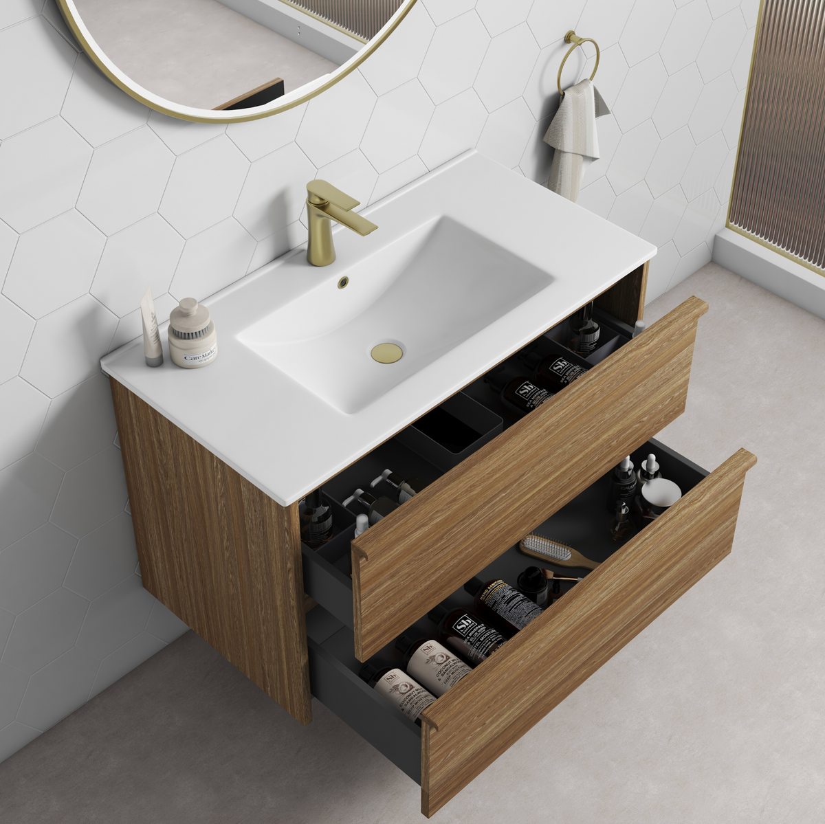Aulic Venetta Framed Harvest Oak Wall Hung Vanity 900mm