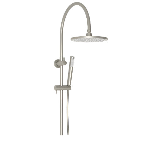 Gooseneck brushed nickel twin shower system, includes over head shower and sleek detachable hand held shower arm.