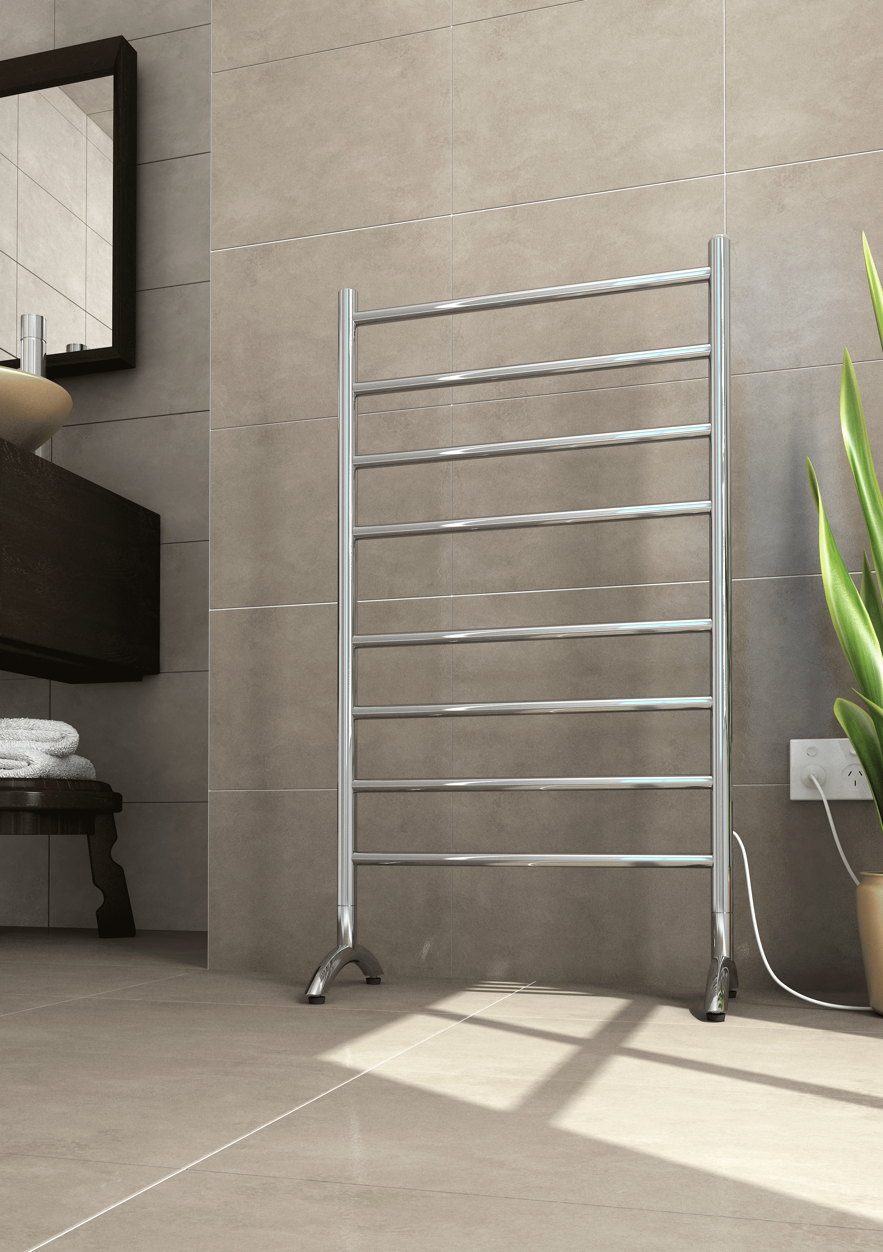 Thermogroup 8 Bar Straight Round Thermorail Free-Standing Heated Towel Rail Polished Stainless Steel 600x1080mm