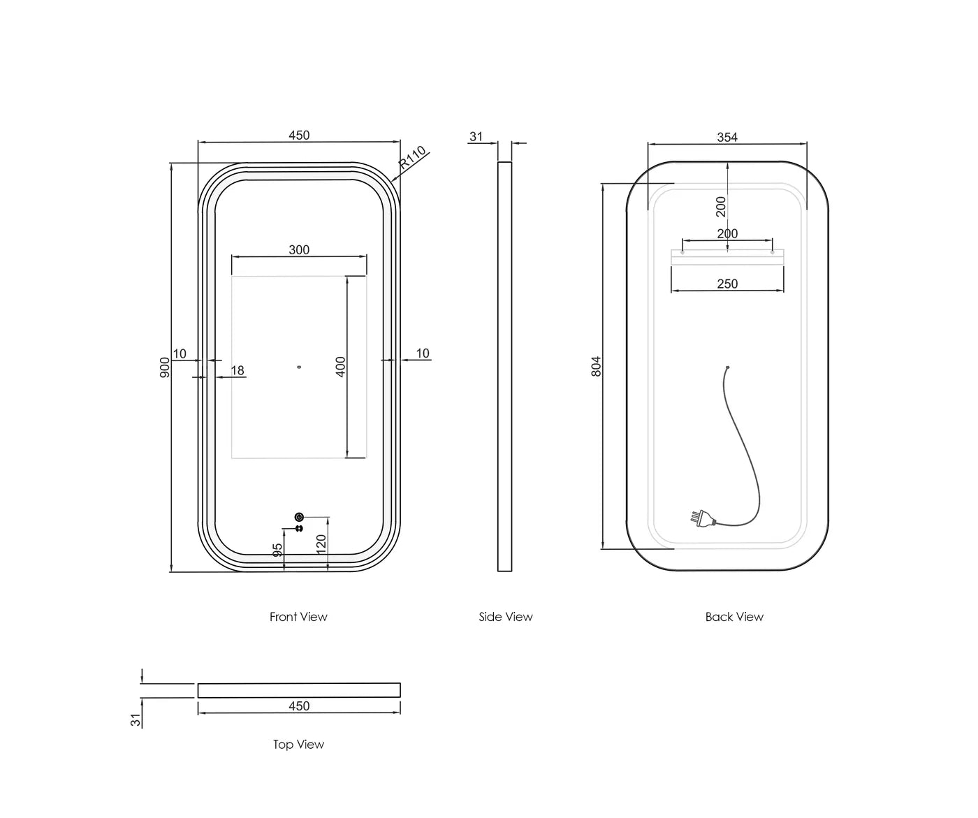Otti LED Newport Matte Black Metal Frame Mirror Soft Square 900x450mm