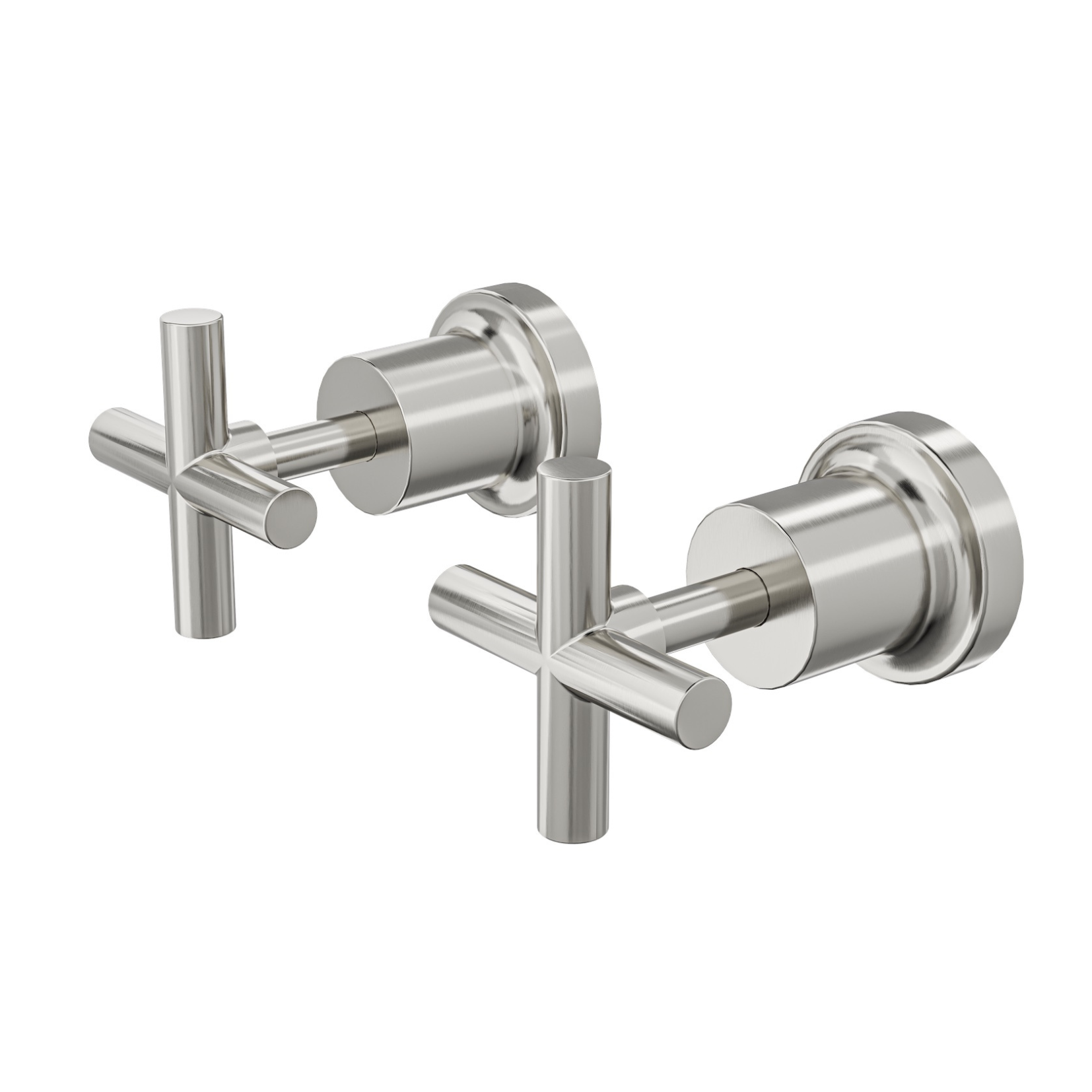 A pair of Linsol Tre wall top assemblies in brushed nickel color, featuring a cross-handle design for bathroom tapware.