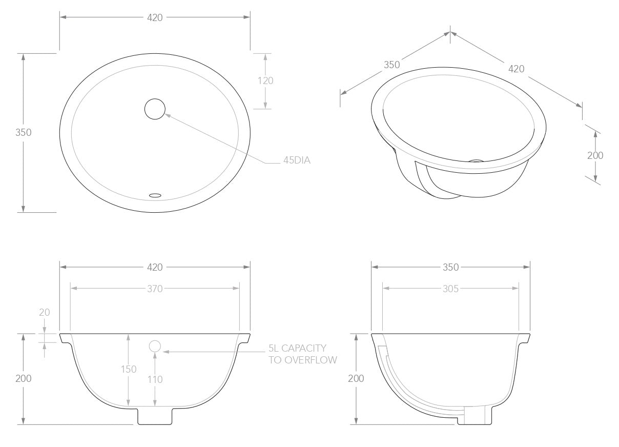 ADP Oval Gloss White Ceramic Under Counter Basin 420x350