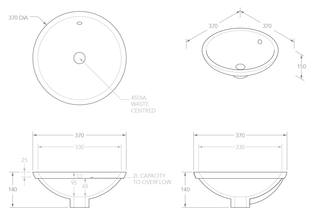 ADP Round Gloss White Ceramic Under Counter Basin 370x370