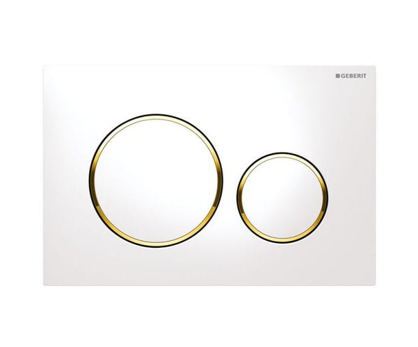 Inwall round white toilet dual flush buttons with gold trim