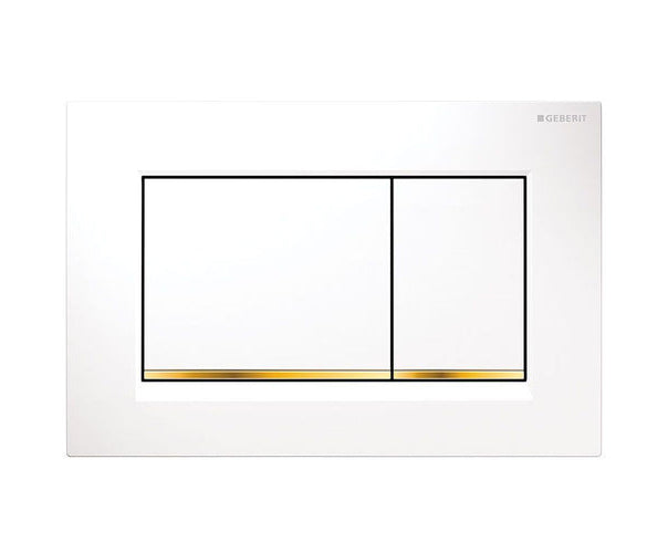 A white Geberit Sigma 30 dual flush plate with gold trim, wall-mounted, with visible flush buttons.