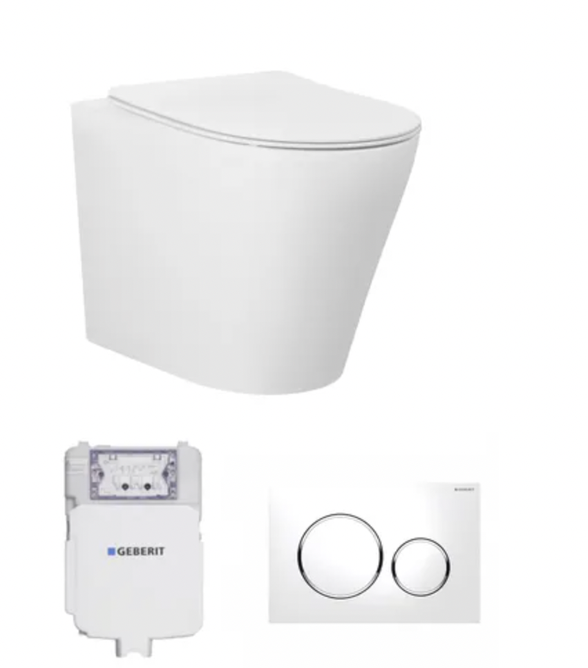 A white floor-mounted toilet pan with an inwall cistern set from Geberit, including a concealed cistern and flush buttons.