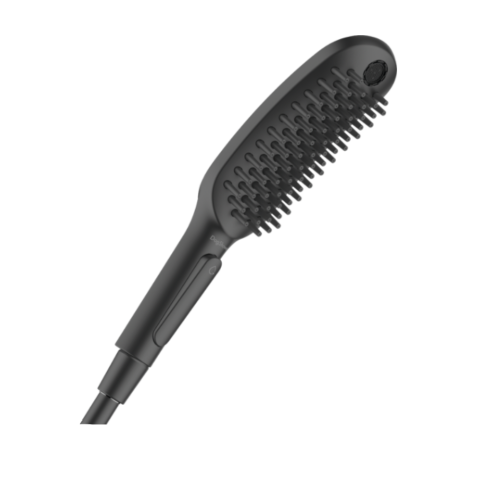 A matte black hand-held shower head designed for pets, with a rounded massage-effect spray nozzle and an ergonomic handle.
