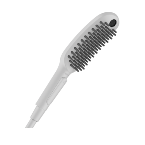 A matte white hand-held shower head designed for dogs, with black bristles and a sleek, ergonomic handle.