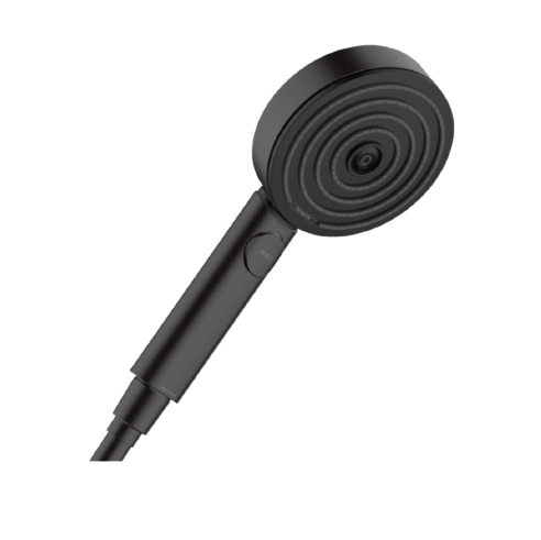 A matte black Hansgrohe Pulsify Select S 105 3 Jet Relaxation hand-held shower head.
