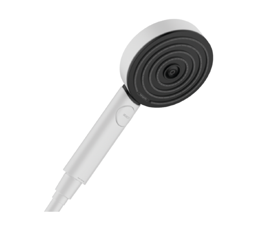 A matte white Hansgrohe Pulsify Select S 105 3 Jet Relaxation hand-held shower head.