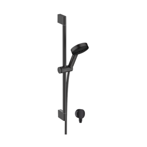 The image shows a Hansgrohe Pulsify Select S 105 3 Jet Relaxation Single Rail Shower in Matte Black. It includes a large overhead shower and a smaller hand-held shower head.