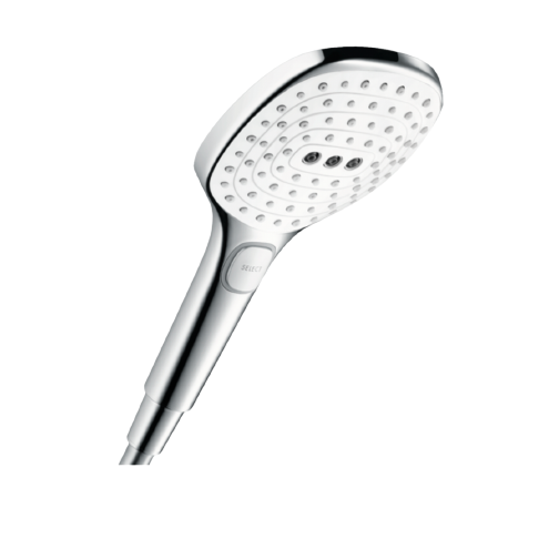 A silver Hansgrohe Raindance Select E 3 Jet hand held shower head.