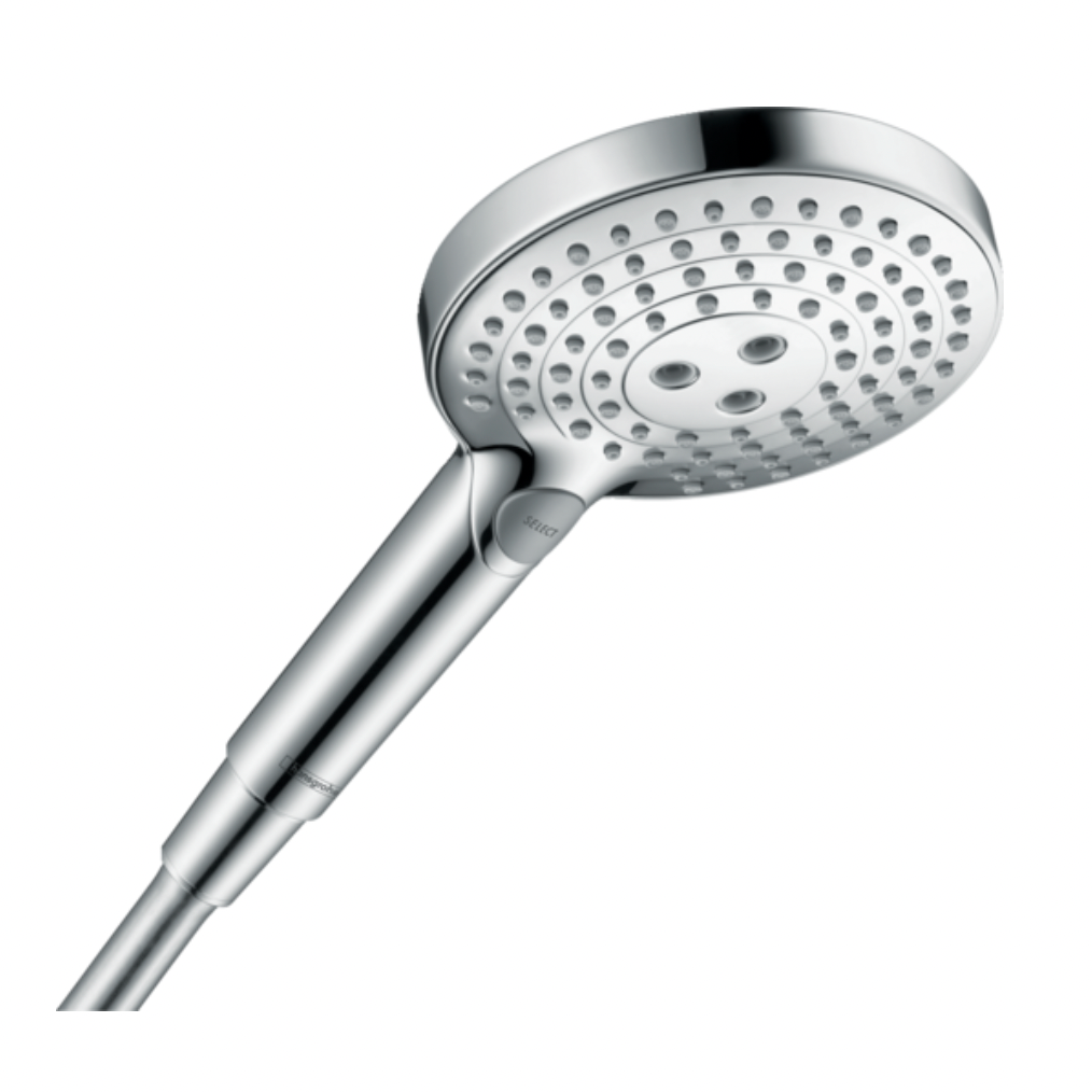 A hand held shower head with multiple nozzles, featuring a chrome finish and a round head design.