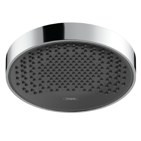 A Chrome Hansgrohe Rainfinity 250 jet overhead shower head with a visible brand marking.