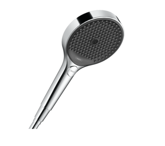 A hansgrohe Rainfinity hand shower with a chrome finish and three jet nozzles.
