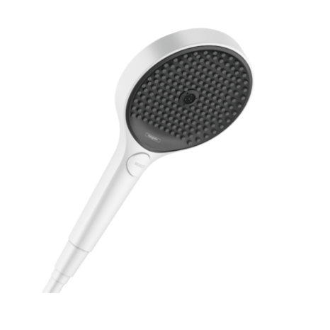 The image shows a Hansgrohe Rainfinity Hand Shower 130 with a matte white finish. It features three jets and a sleek, modern design.