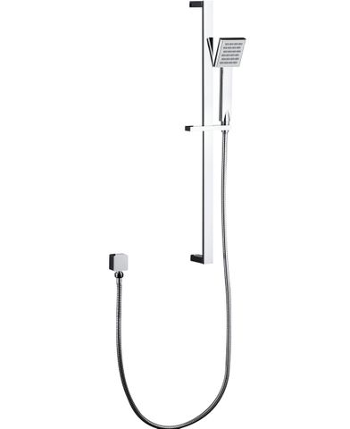 A silver-colored chrome shower rail with a square design and a connecting arm.