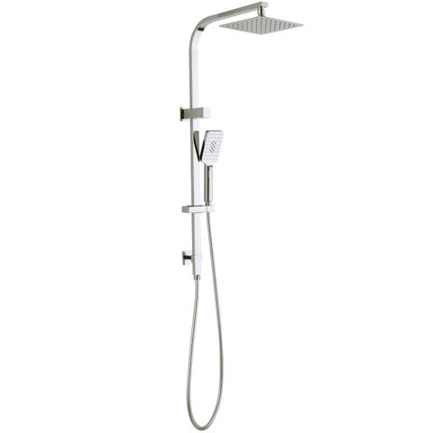 A brushed nickel combination shower rail with a square twin shower head.