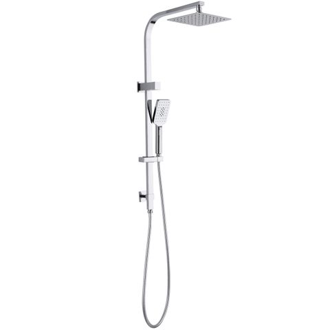 A chrome combination shower rail with a square twin shower head.