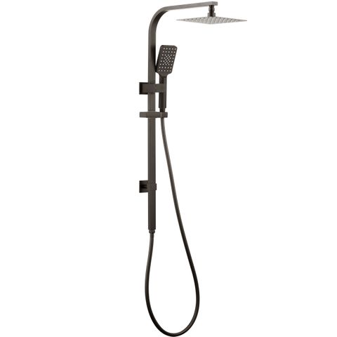 A gunmetal combination shower rail with a square twin shower head.