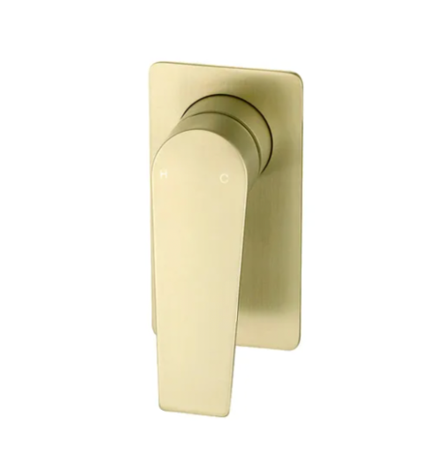 A brushed gold shower mixer with a minimalist design, featuring a single lever on a horizontal Backplate.