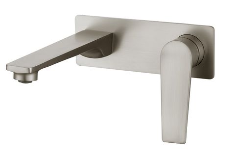 Brushed nickel wall basin mixer with a sleek design, featuring a square-shaped control knob on the right side and a flat, rectangular back plate.