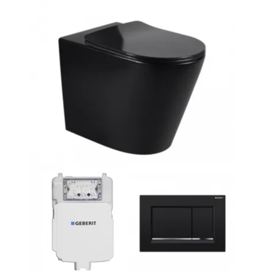 A matte black Alzano floor mount pan with Geberit inwall cistern set, including a concealed cistern and dual flush buttons.